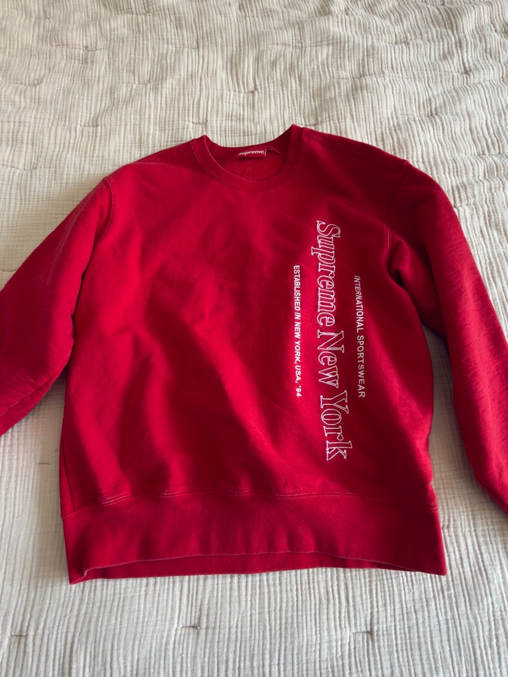 Supreme Red Crewneck with Vertical White 'Supreme New York' Print